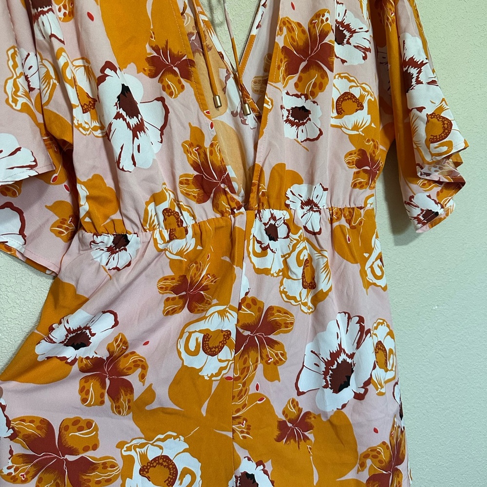 Hello Molly Pink and Orange Floral Romper Wrap Dress - Picture 10 of 11